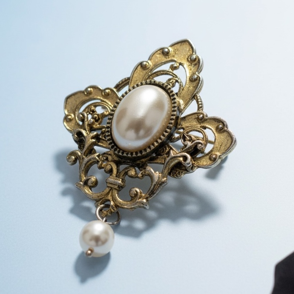 Vintage W Germany Faux Pearl Ornate Filigree Brooch w Dangle Pearl Gold Tone